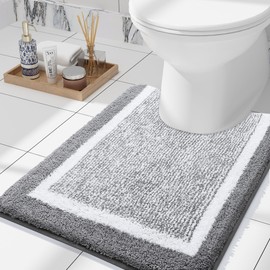 OLANLY Luxury Toilet Rugs U-Shaped 24x20, Extra Soft and Absorbent Microfiber Bathroom Rugs, Non-Slip Plush Toilet Bath Mat, Machine Wash Dry, Contour Bath Rugs for Toilet Base (Grey and White)