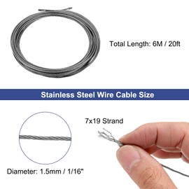 uxcell 1/16" (1.5mm) 304 Stainless Steel Cable Wire Rope 7 x 19 Strands Core 20ft (6m) Aircraft Wire for Construction Outdoors Marine Rigging Decking Railings