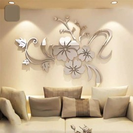 Mebix TRD Espejo De Flores Vínilo Acrílico Pared Decorativo 100x75cm Color Plateado