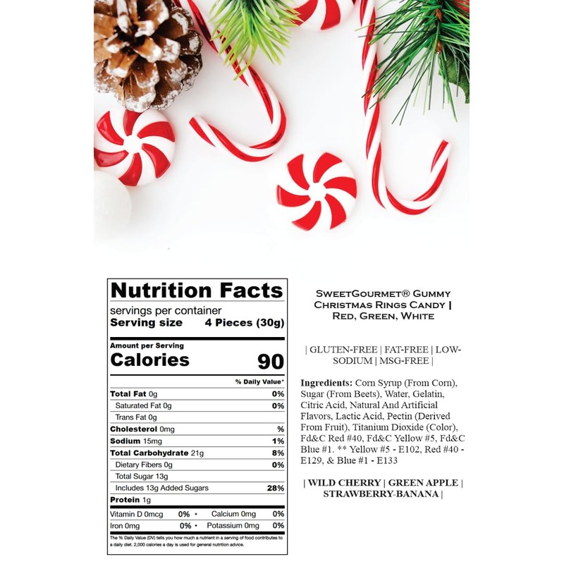 SweetGourmet Gummy Christmas Wreath Candy, 1 Pound Bag, Cherry, Strawberry-Banana