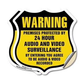 Warning Premises Protected By 24 Hour Audio And Video Surveillance By Entering You Agree To Be Audio & Video Recorded (2 Pack) 6 inch X 6 inch Shield Shaped Heavy Duty 3.2 mil Vinyl Decals