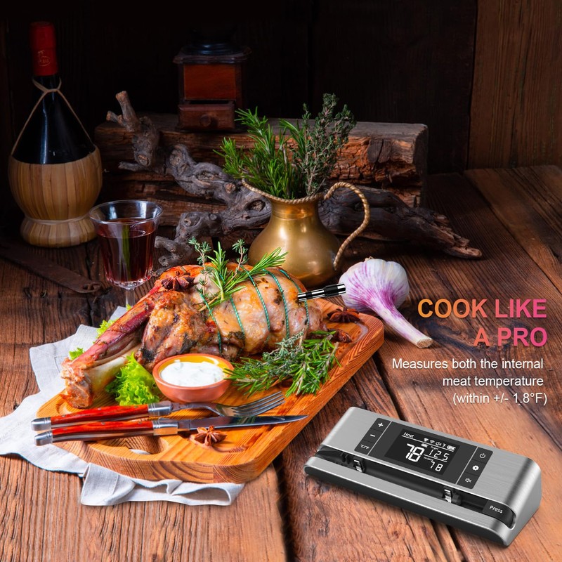 Wireless Smart Meat Thermometer with Dual-Sensor Probe, 500FT Remote Monitoring,