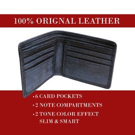 KHIM Original Leather Wallet Antique with 2 Tone Effects Slim Smart 6 Card Pockets 2 Note Compartments RFID Blocking & Bi-Fold