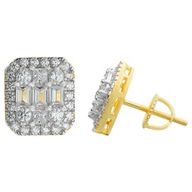 Real Solid 925 Sterling Silver - Men's Baguette Earrings - 14k Gold Plated - Iced CZ 10mm (0.4") Earrings Screw Back Aretes - Flooded Out