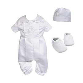 Cinda Boys White Satin Christening Romper Set with Shoes , With Shoes 3-6 Months, White