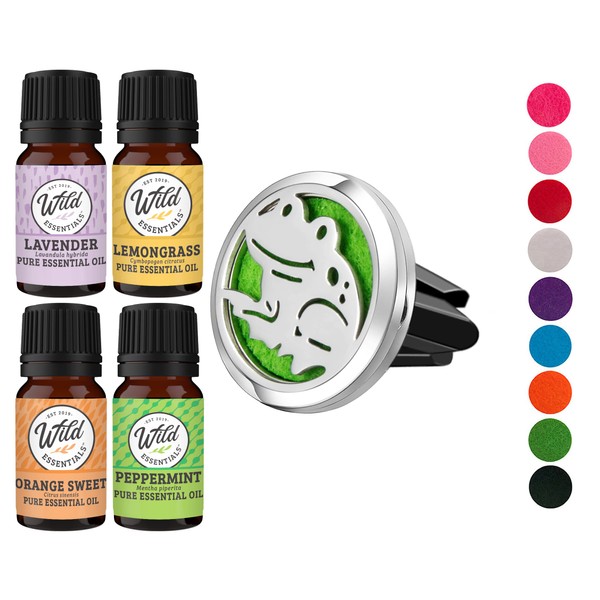 Wild Essentials Happy Frog Essential Oil Car Vent Diffuser Kit With Lavender, Lemongrass, Peppermint, Orange Oils, Stainless Steel Locket Pendant, 8 Refill Pads, Customizable Color Changing Air Freshener