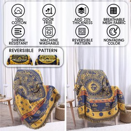 MayNest Bohemian Woven Cotton Throw Blanket - Reversible Sofa Cover for Couch, Bed, or Chair, Astrology Decor (Yellow, 71x51)
