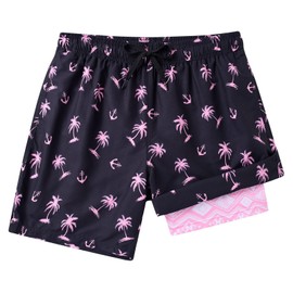 westwolf Bathing Suit for Men 5.5 Inch Compress Swim Trunks Palm Tree Geometry Hawiian Swim Shorts Stretchy Quick Dry Black Pink Surf Shorts Elastic Waistband Board Shorts Large