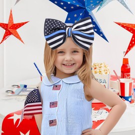 YanJie 7" Baby Girls Headbands Police Day Hair Bow Blue Line Flag Printed Bow Blue Wide Headbands Police Support Nylon Headband Infant Bows Gift