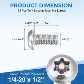 sourcing map 25Pcs Torx Security Machine Screws, 1/4-20 x 1/2" 304 Stainless Steel Tamper Resistant Button Head Screws Bolt Full Thread for Anti-Theft Tamper Proof, Silver Tone
