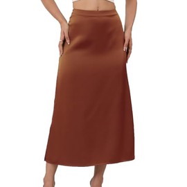 Women's Satin Midi Skirt Dressy Elastic High Waisted Silk Slip Flowy Ruffle Flared Cocktail Party Work A Line Skirts Copper