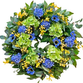 Spring Wreaths for Front Door 24 Inch Spring Wreath with Lifelike Blue Hydrangea Gerbera and Daisy, Spring Door Wreath Decor for Indoor or Outdoor Spring and Summer Wreaths for Front Door Outside