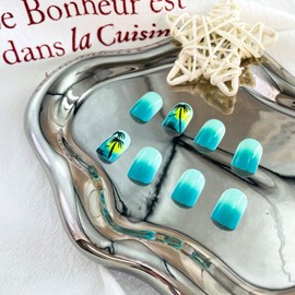 LWTZLW Summer Press on Nails Short Square False Nails Coconut Tree Seagull Full Cover Glue ons Nails Green Coffin Acrylic Fake Nail Palm Tree Glossy Artificial Nail Reusable for Women