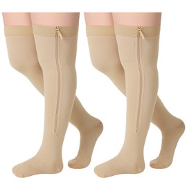 2 Pares Calcetines de Compresión con Cremallera Medias hasta Muslo de 20-30 mmHg Altas con Punta Cerrada (Beige, 3XL)