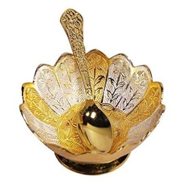 Garden Of Arts Silver Gold Plated Floral Shape Decorative Spoon and Bowl Set