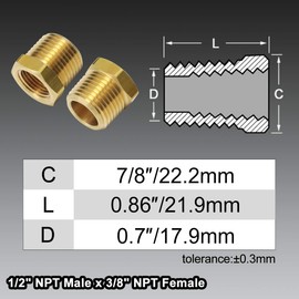 boeray 2pcs 1/2 Inch NPT Male Thread to 3/8 Inch NPT Female Thread Brass Pipe Fitting Reducing Hex Head Hose Bushing Tube Adapter Convert