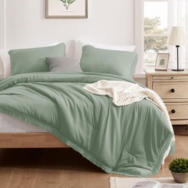 downluxe Queen Comforter Set Sage Green, 3 Pieces Boho Tassel Bedding Comforter Set for All Seasons, Soft Fringe Comforter Set Queen Size (90" X 90" Comforter & 2 Pillowshams)