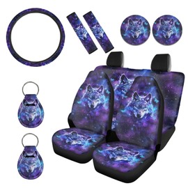 Wanyint Galaxy Wolf Car Seat Covers Full Set, Front Rear Seat Cover with Steering Wheel Covers, Seat Shoulder Straps, Keychain Coaster Universal Seat Protector Car Accessories for Most Cars SUV