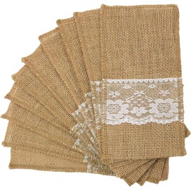 OZXCHIXU TM 100 Pack Natural Burlap Cutlery Holder Pouch Bag 4x8.5 Inch with Lace Silverware Napkin Holders Wedding Party Bridal Shower Table Setting Table Decoration