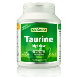 Greenfood Taurin, 500 mg, Highly dosed, 120 Capsules - Natural, Known from Energy Drinks. Without Artificial additives. Without Genetic Engineering. Vegan
