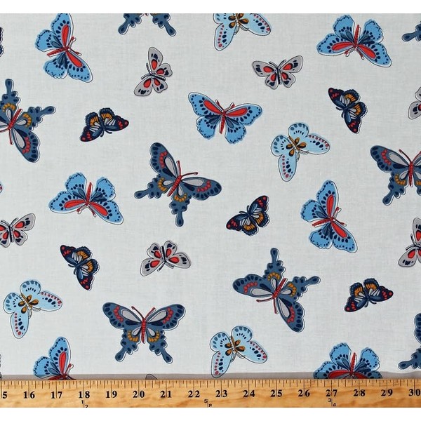 Cotton Butterflies Teal Blue Gray Butterfly Insects Bugs on Off-White