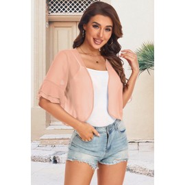 Women's Cardigan Bolero Shrug Ruffle Short Sleeve Open Front Loose Sheer Jackets for Tops(Peach,M)