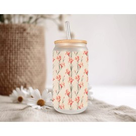 Mugzan Gladiolus Garden Frosted Glass Can W Bamboo Lid 16 Oz Floral Glass Cup by Mugzan