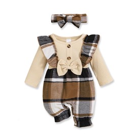 3-6 Months Baby Girl Clothes Newborn Girl Fall Outfits Plaid Print Infant Romper Long Sleeve Floral Bodysuit Apricot New Born Jumpsuit+Headband