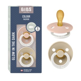 BIBS Colour Symmetrical Glow Pacifiers Pack of 2, BPA Free, Glow in the Dark Symmetrical Nipple. Natural Rubber/Latex, Made in Denmark. Size 2 (6-18 Months), Blush Glow/Vanilla Glow