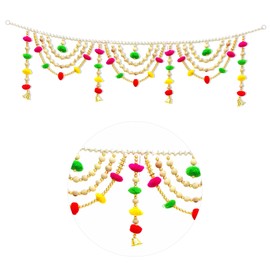 Home Genie Multicolor Pom-Pom Bandarwal Toran with Wooden Beads, Golden Bells & Festive Loops | Handmade Decorative Door Hanging for Indian Pooja Room, Festivals & Entrance Wall Décor