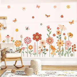 decalmile Boho Flower Wall Decals for Kids Garden Floral Daisy Butterfly Wall Stickers Baby Nursery Girls Bedroom Kids Room Wall Decor