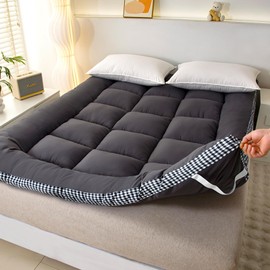 3 Inch Thick Mattress Topper Queen Size - Non-Slip Mattress Pad Cover for Back Pain Breathable Folding Sleeping Pad Machine Washable Mattress Protector (60x80 inch,Black)