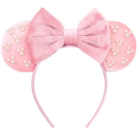 Roffiy Elegant Velvet Mouse Ears Headband with Velvet Bow & White Pearls Accents – Perfect for Birthdays, Parks, Travel & Costume Parties – Soft & Stylish Comfortable for Women & Girls(Pink