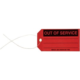Brady 86751 5-3/4" Height, 3" Width, B-853 Cardstock, Black On Red Color Production Status Tag, Legend "Out Of Service" (Pack Of 100)