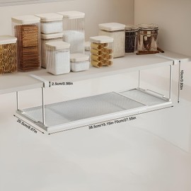 ROLIZOE Expandable Under Cabinet Shelf Organizer, Under Shelf Basket, Metal Hanging Under Desk Shelf for Laundry Room, Cabinet, Shoe Bench, Closet, Paper Plate Storage (White)