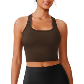 PINSPARK Womens Sports Bras Longline Workout Tops with Light Supportive Razorback Tennis Tank Top Built-in Bras Yoga Crop Tops, Espresso Brown Medium