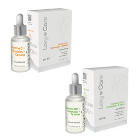 Lovy Care Duo Serum Facial Vitamina C+ Ceramidas+ Cafeina + Serum Facial Coenzima Q10+ Ceramidas+ Te verde 30 ml c/u Lovy Care Piel radiante Antifatiga Piel desestreada Renovacion Celular Biogeneradora Antienvejecimiento pH 5.5
