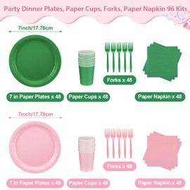 Willinglong 96 Sets/ 384 Pcs Green and Pink Witch Party Decoration Pink and Green Paper Plates Napkins Cups and Fork Decorations for Girl Birthday Decorations
