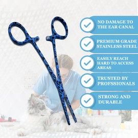 Dog Cat Pet Ear/Nose Hair Puller Grooming Hemostat Locking Forceps Straight Pliers, 5.5" (14cm) - Full Serrated Clamps - Made of Stainless Steel - Blue Paws Full Patterened Forceps for Pet Lovers