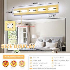 NOVELUX 5 Colors Dimmable Vanity Light Bathroom Light Fixtures OverVanity Lighting Fixtures Bathroom Vanity Light Fixtures, Adjustable 2700K/3000K/4000K/5000K/5700K,Gold