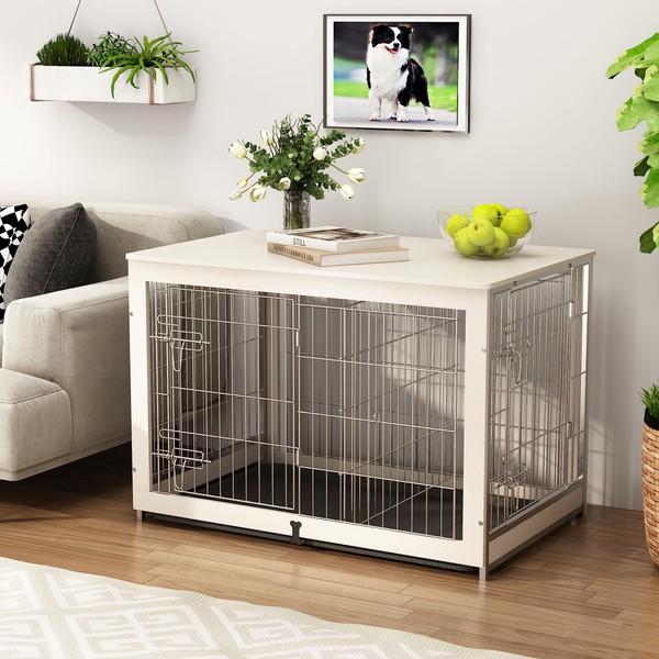 Piskyet Wooden Dog Crate Furniture with Divider Panel, Dog Crate End Table with Fixable Slide Tray, Double Doors Dog Kennel Indoor for Large Dogs(L:37.8 * 25.1 * 26.3inch,White)