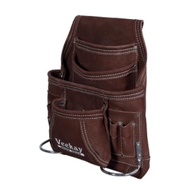 VEEKAY 10 Pocket Brown Leather Tool Pouch Suede Leather Tool Fastener Carpenter's Nail & Tool Bag Heavy Duty Steel Hammer Loop, Belt Loop for Electrician Technician Installers
