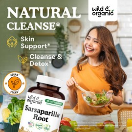 Wild & Organic Sarsaparilla Root 1000mg Capsules - Skin & Detox Support - Sarsaparilla Herb Extract Supplement - 90 Days of Supply - 180 Vegan Capsules - Non-GMO, Gluten-Free, No Fillers