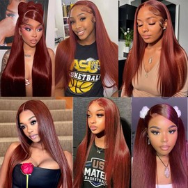 Hxxcoup Straight #33 Reddish Brown Human Hair Wig 13x6 Transparent Lace Front Wig 180% Density Pre Plucked Natural Hairline Real Baby Hair For Women 18 Inch