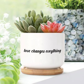 DecStic Love Changes Eveything Planters Ceramic Bible Verse Round Plant Pot with Drainage Holes and Bamboo Tray Pot for Home Office Decoration