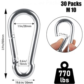 30 PCS M10 Spring Snap Hook Heavy Duty 4 Inch Carabiner Clip Galvanized Steel 800lbs Capacity Keychain Quick Links, 10mm Quick Carabiner Clips for Backpack, Hammocks, Camping and Swing