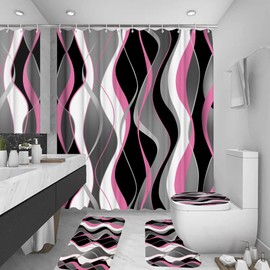 BEIFIVCL 4Pcs Pink Shower Curtain Sets with Non-Slip Rugs, Toilet Lid Cover and Bath Mat, Black and Gray Bathroom Decor Set Accessories Fabric Waterproof Shower Curtains with 12 Hooks, 72 x 76 Inch