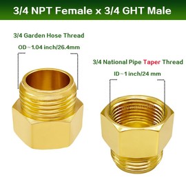 Lovegarden 2PCS Garden Hose Adapter 3/4" NPT Female x 3/4" GHT Male Connector, GHT to NPT Solid Brass Pipe Reducer Fitting for Outdoor Faucet Washing Cleaning Irrigation Plumbing