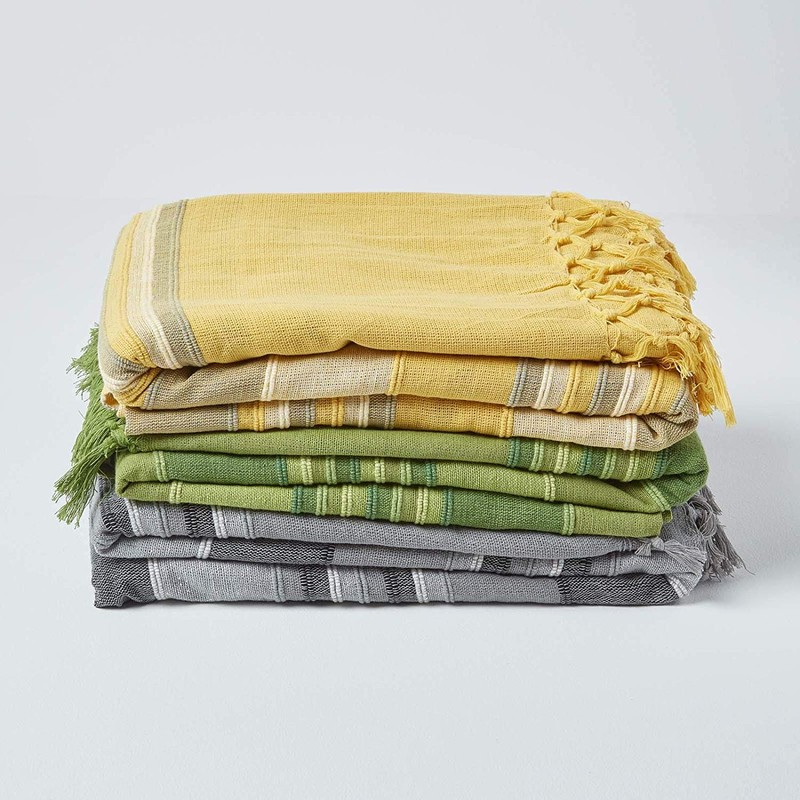 HOMESCAPES Light Grey Throw “Morocco” Cotton Textured Stripe Throw 150