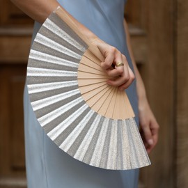 MAPIMANIA - Foldable Colourful Fans Made of Wood and Fabric with Glitter Silver, Wedding Fan, Spanish Fan, Japanese Fan, Ceremony Guest Gift